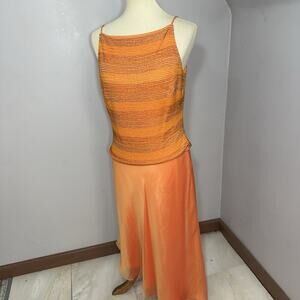 David Meister Y2K Orange Dress Vintage Skirt Set Formal Beaded Asymmetric